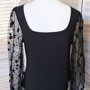Black Ribbed Scoop Neck Bodysuit With Sheer Star Print Sleeves